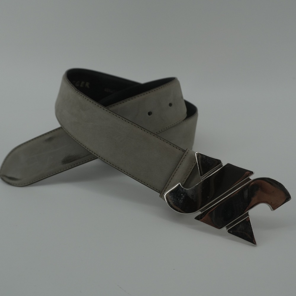 Jaeger Leather Belt Womens 80/32 Grey Silver Tone Sculptural Buckle Italy